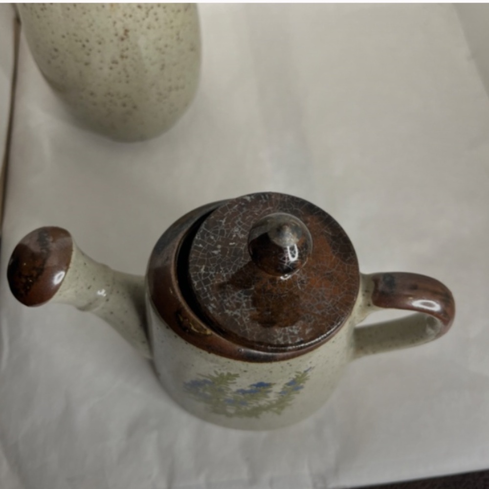 Vintage Takahashi Stoneware Gray Speckled 3 Pc Set with Blue Flowers Japan RARE - Picture 9 of 10